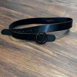 Valentino Black Leather Belt with Logo Buckle
